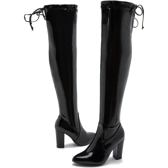 Women Black Pu Leather Pointed Toe Zipper Over The Knee Thigh High Long Boots - Picture 7 of 8